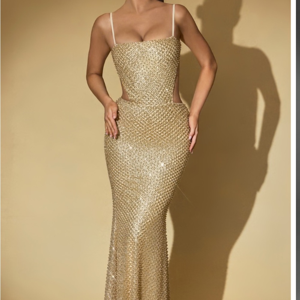 Oh Polly Gold Embellished Cut-Out Gown